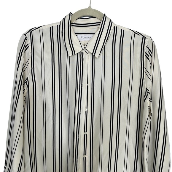 Everlane 100% Silk Blouse Black/White Stripes Classic Blouse Style Size 6 - Picture 3 of 10